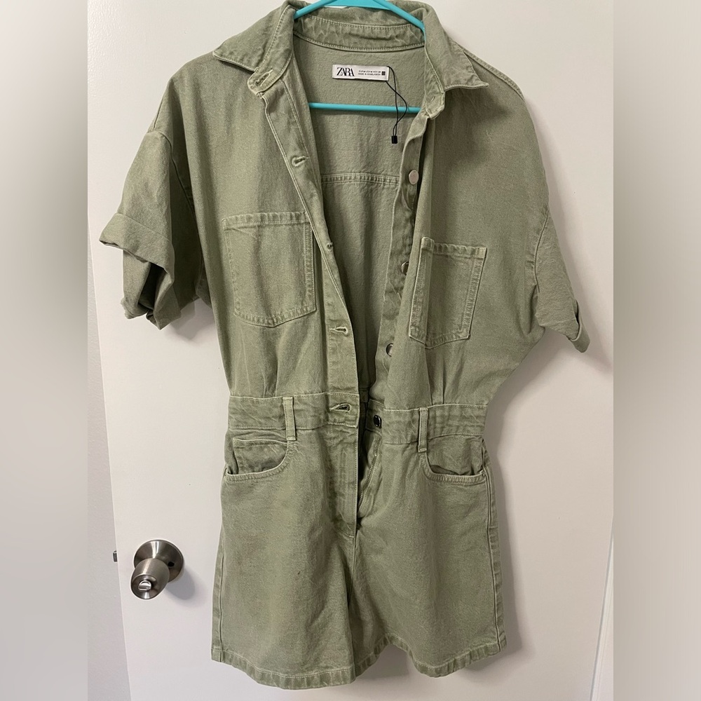 Zara Green Short Denim Jumpsuit Size M